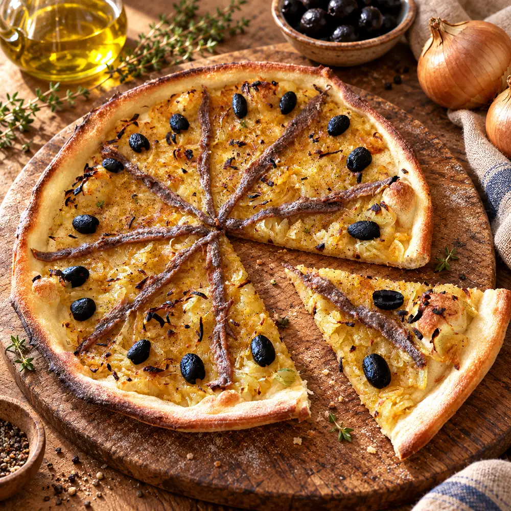Pissaladière mit Zwiebeln, schwarzen Oliven und Sardellen
