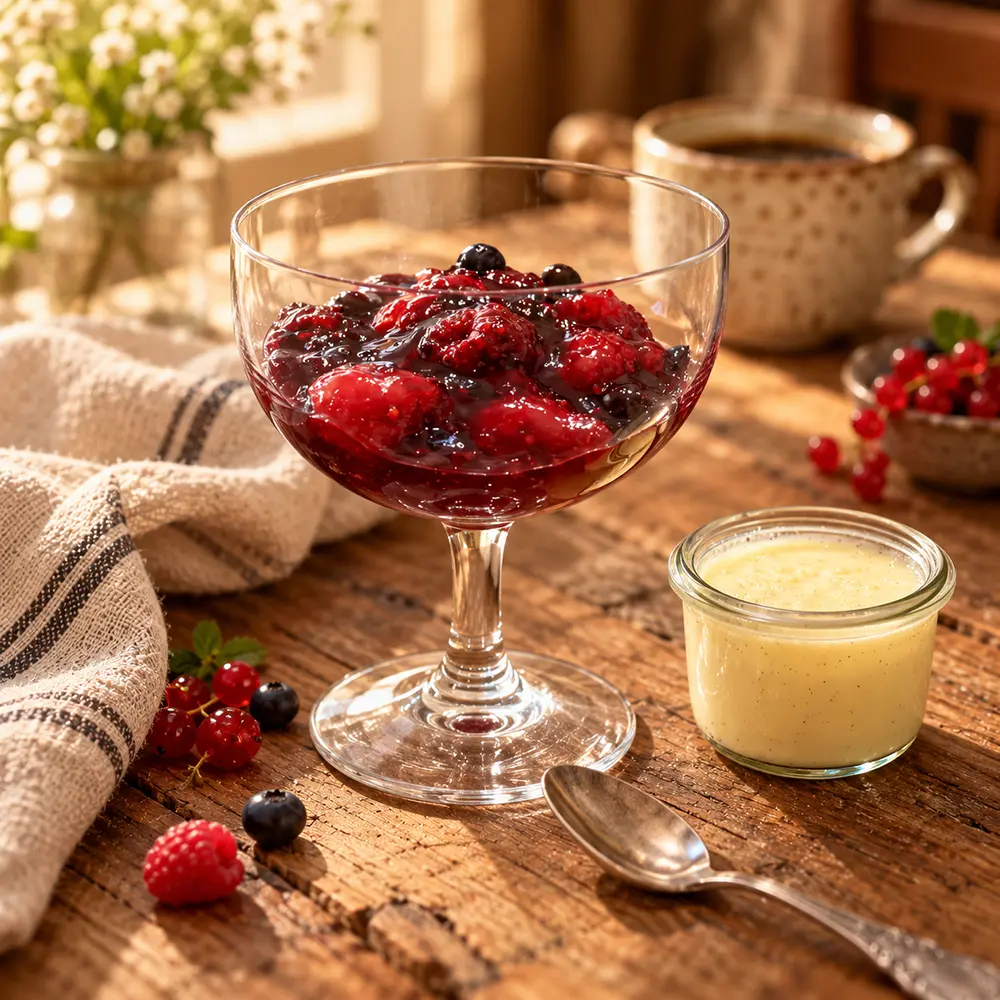 Rote Grütze mit schaumiger Vanillesauce